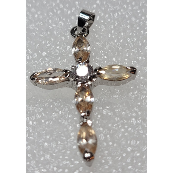18K White Gold Plated Cross Pendant with Marquise Cut Champagne Colored Stones - Picture 2 of 7